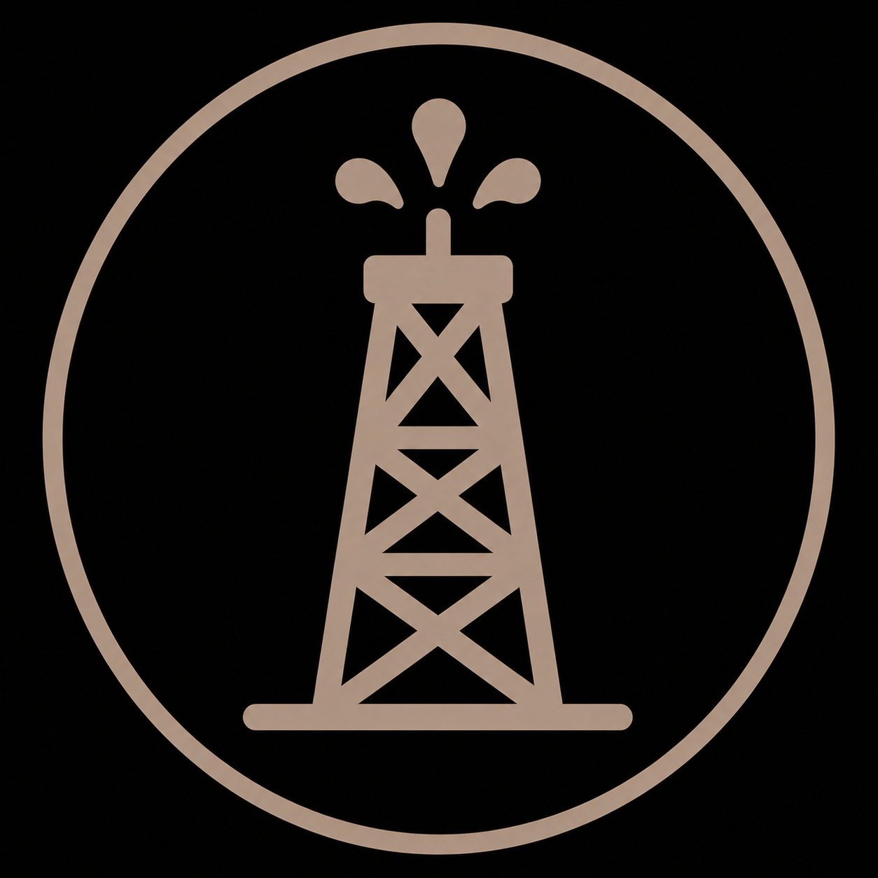 A black background with a white outline of an oil drilling rig within a circle.