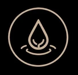 A minimalistic icon of a water droplet with ripples inside a circle, on a black background.