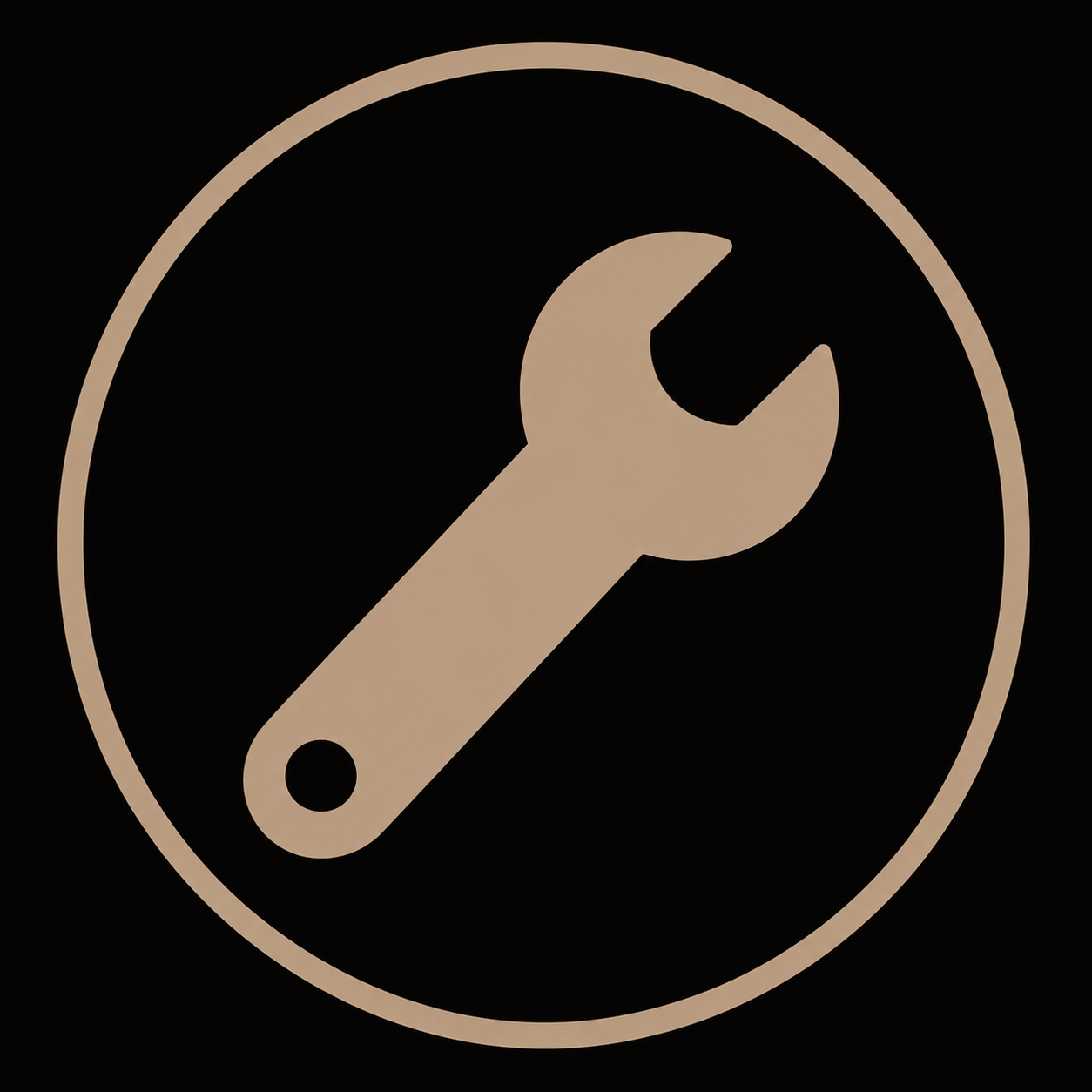 A black circular sign with a white wrench icon in the center.