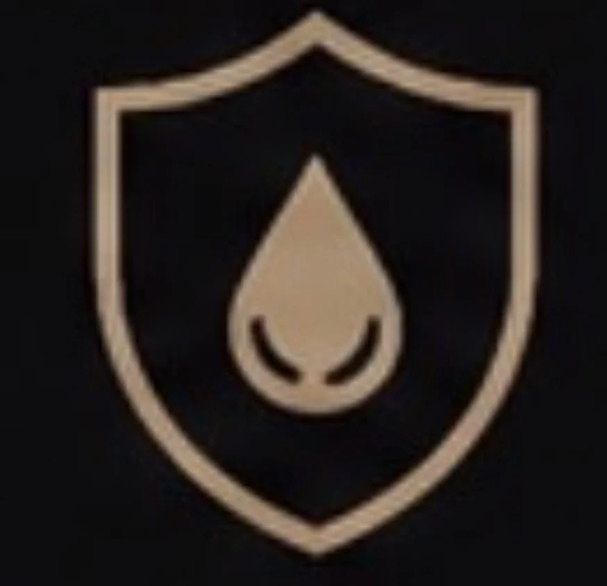 A shield emblem with a water droplet symbol in the center.