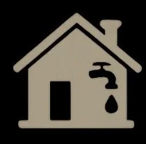 Silhouette of a house with a chimney, window, door, and a small water droplet next to it.