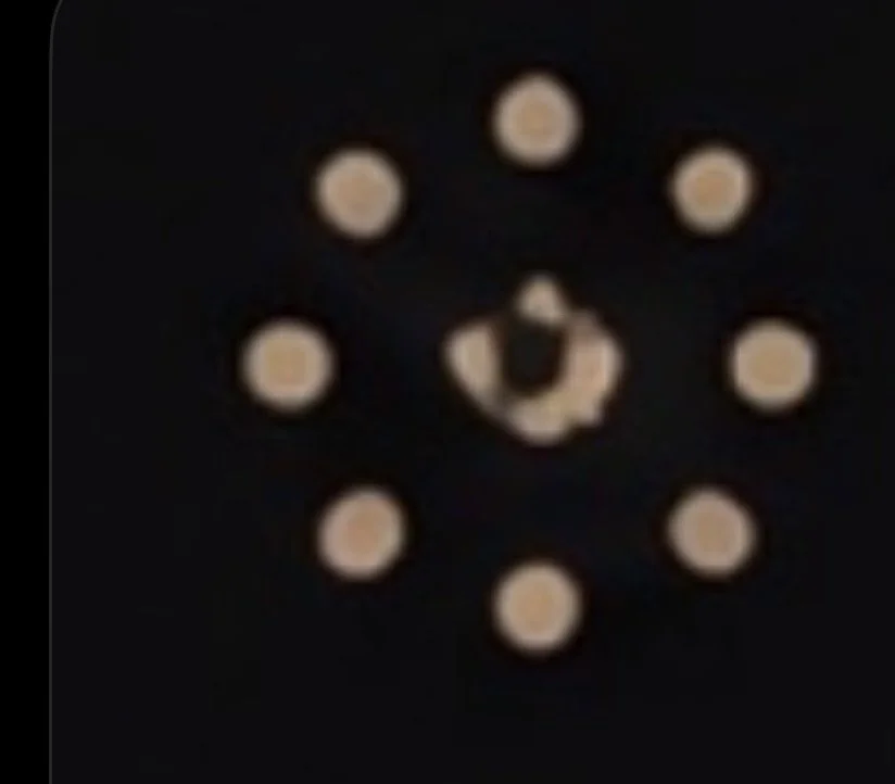 Close-up of a cat's face made from small round objects arranged on a black background.