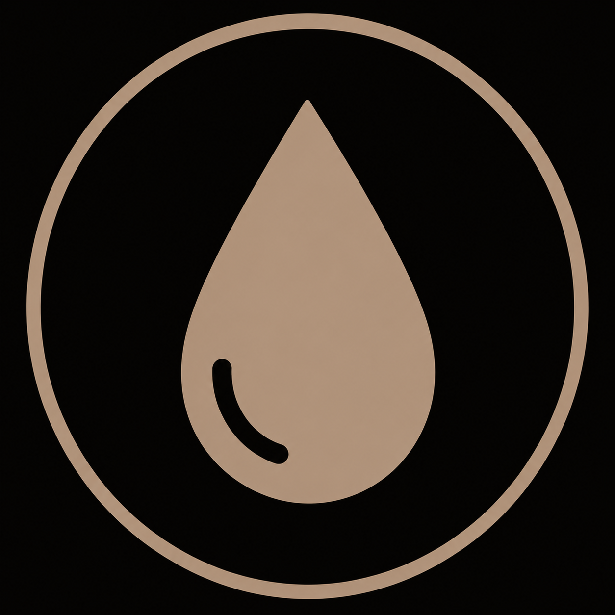 A white droplet icon with a curved line inside, surrounded by a circle, on a black background.