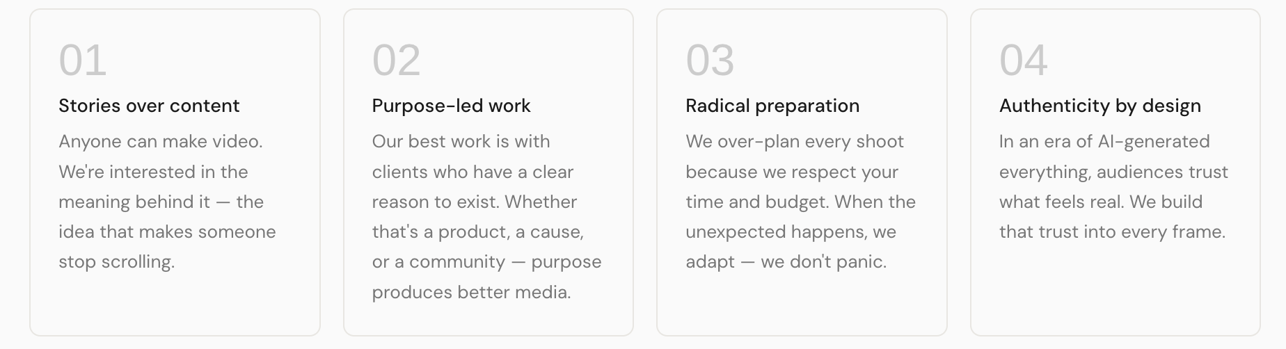 Four columns of text with numbered headers discussing storytelling, purpose-driven work, radical preparation, and authenticity by design.