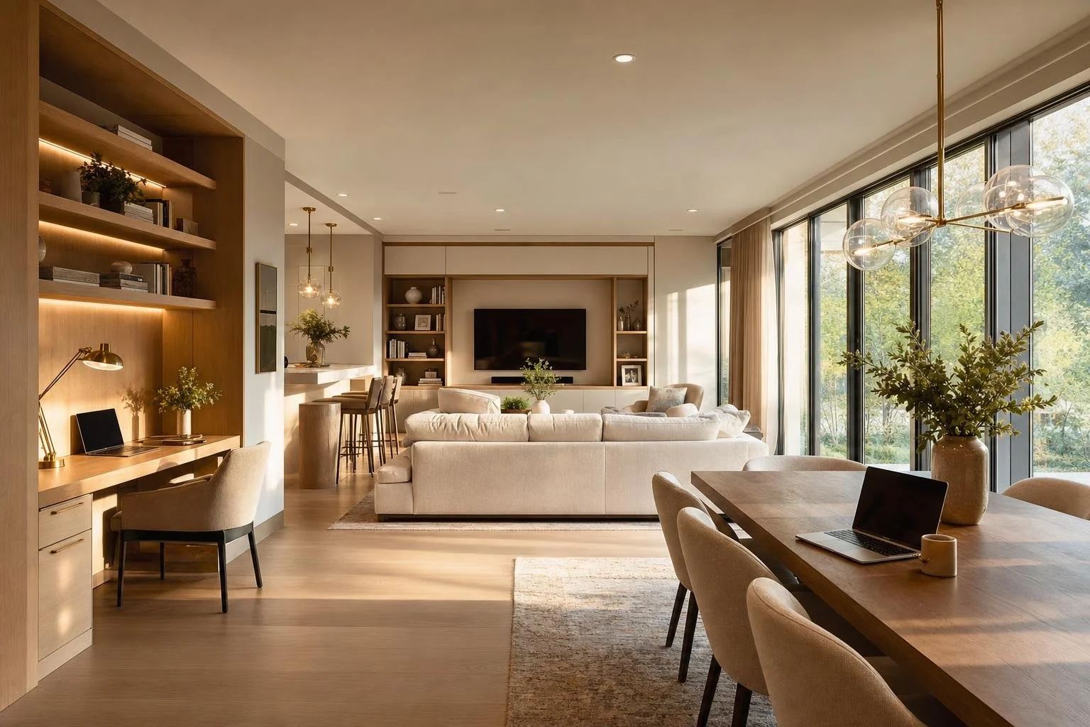 Multi-functional open-plan family living space with a built-in home office desk nook, comfortable sectional sofa, and versatile dining table — designed to adapt from homework station to movie nights to remote work, styled in warm oak, linen, and brus