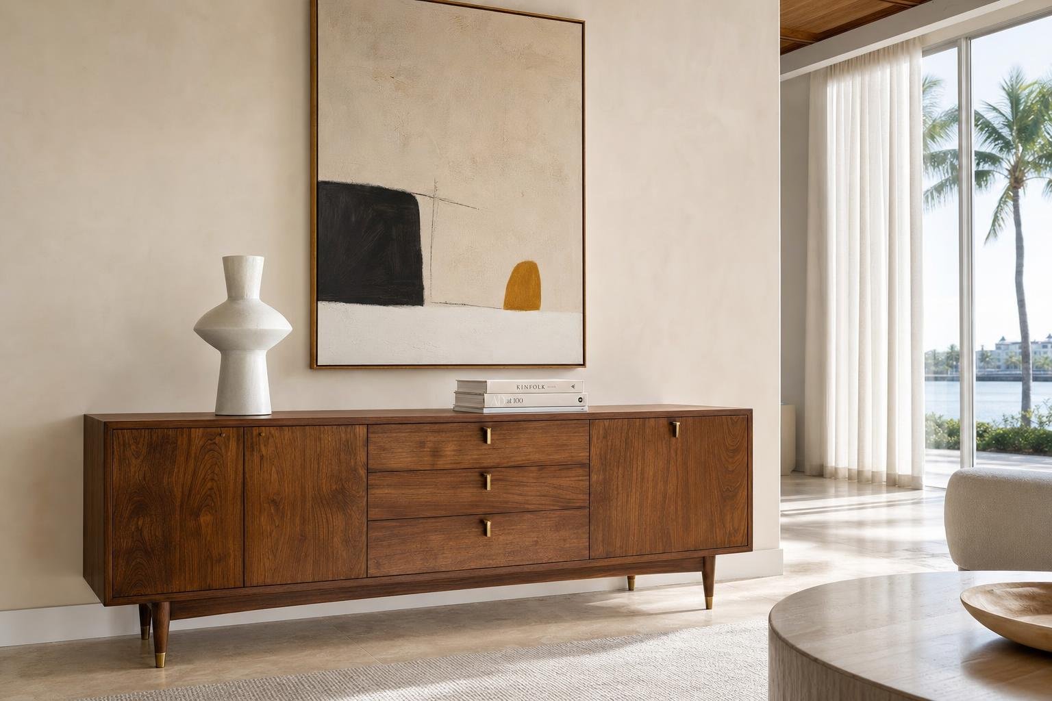 Vintage mid-century walnut credenza in Coral Springs living room by KRD Studio