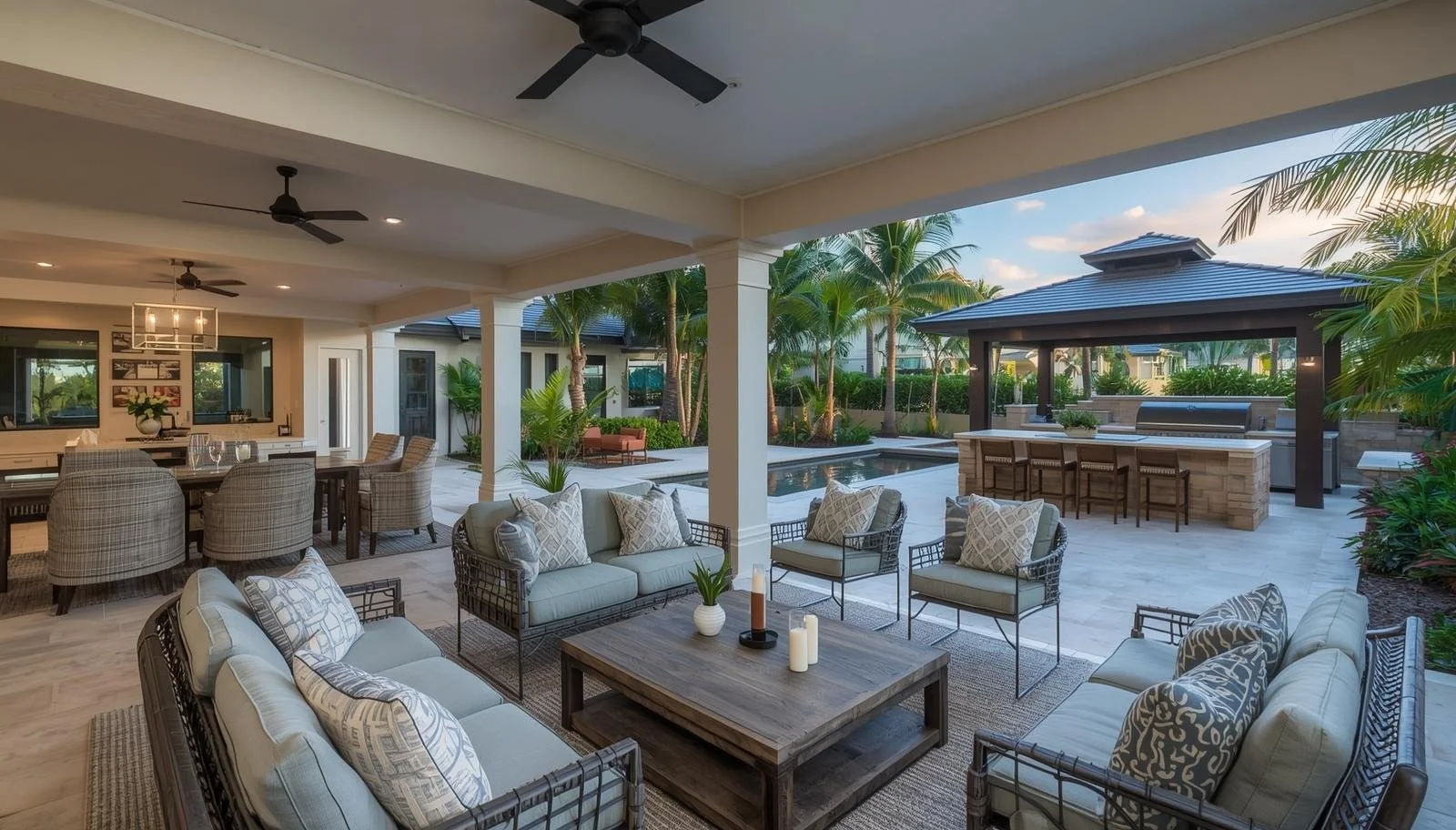 Outdoor living space with seating area, dining table, pool, and a gazebo with bar area, surrounded by palm trees and lush greenery