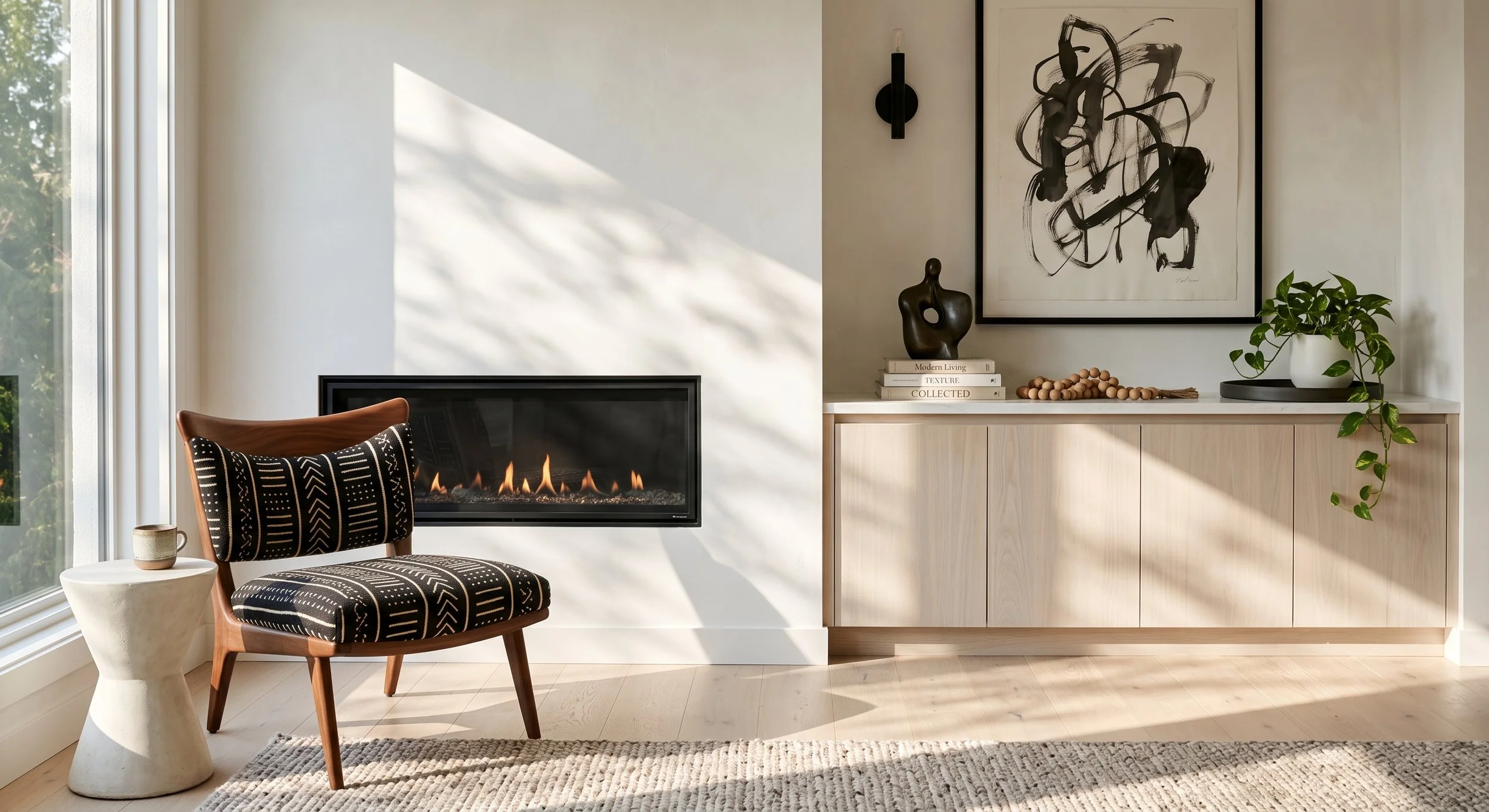 Sunlit modern living room with a walnut accent chair in black mudcloth fabric beside a linear gas fireplace and oak cabinetry.
