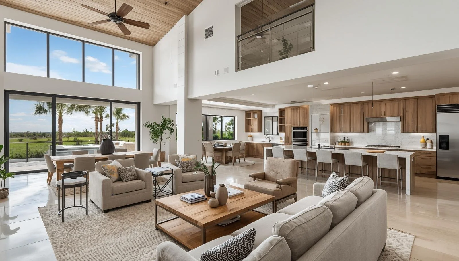 Open-concept living room and kitchen with large floor-to-ceiling windows showing palm trees and greenery outside, high vaulted ceiling with wooden beams, neutral-colored furniture, indoor plants, modern decor, and a view of a patio outside.