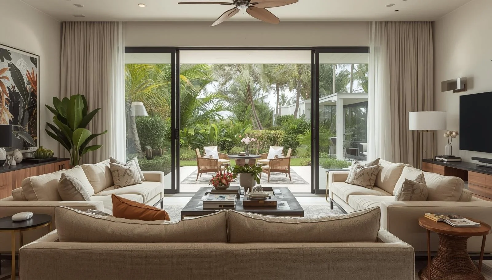 Bright living room with large glass sliding doors opening to a lush tropical garden with outdoor seating.