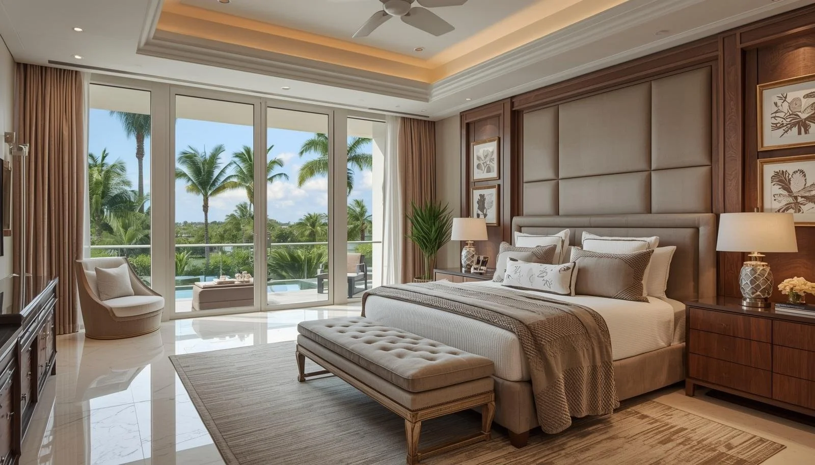 Elegant bedroom with large glass doors, facing palm trees and a pool, featuring a large bed with beige headboard, white and brown bedding, matching nightstands with lamps, a bench at the foot of the bed, and tropical decor.