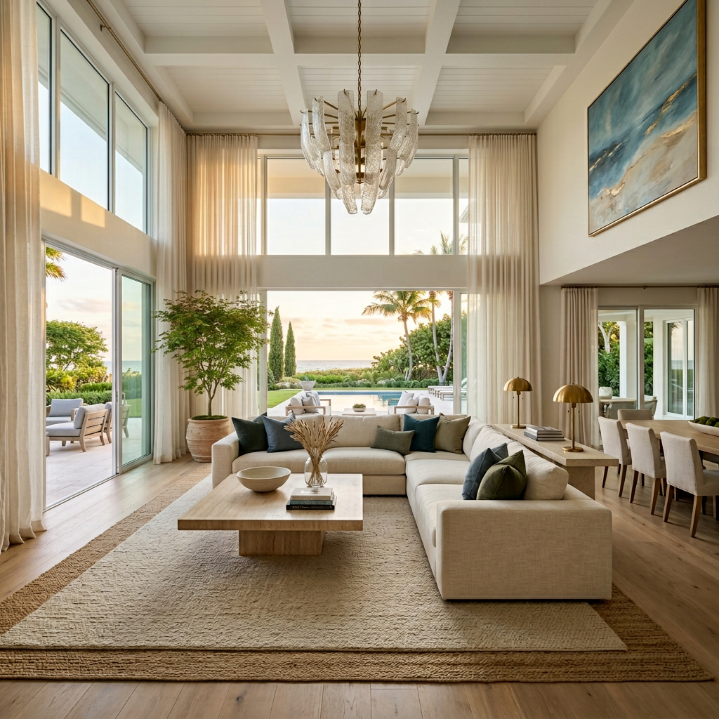 Grand-scale Boca Raton coastal living room designed by Krissy Rey Design, featuring soaring coffered ceilings, floor-to-ceiling glass doors opening to a pool and ocean view, sculptural glass chandelier, oversized ivory linen sectional, natural traver