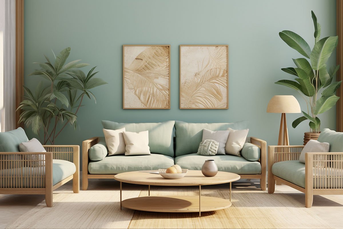 Living room with green walls, wooden furniture, pastel green sofa and chairs, tropical plants, paintings, and a wooden coffee table with decor.