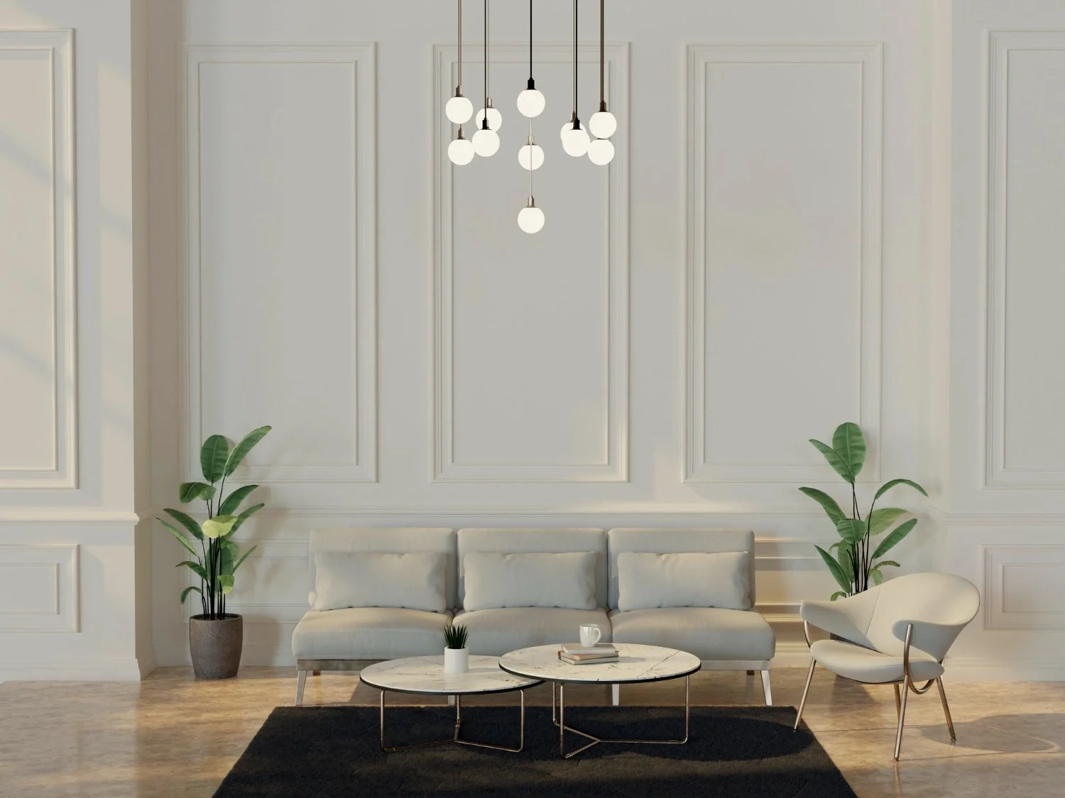 Living room with beige sofa, white armchair, two round marble coffee tables, potted plants, black rug, and modern hanging light fixtures with multiple bulbs.