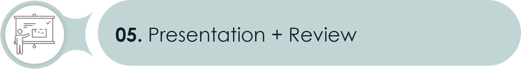 Slide with a small icon depicting a person giving a presentation in front of a board, and text reading "05. Presentation + Review".