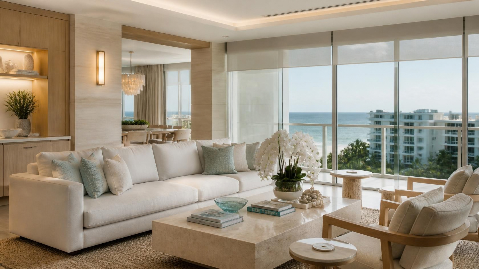 Oceanview Boca Raton condo living room with floor-to-ceiling glass, solar shades, a white sofa, a stone coffee table and oak built-ins