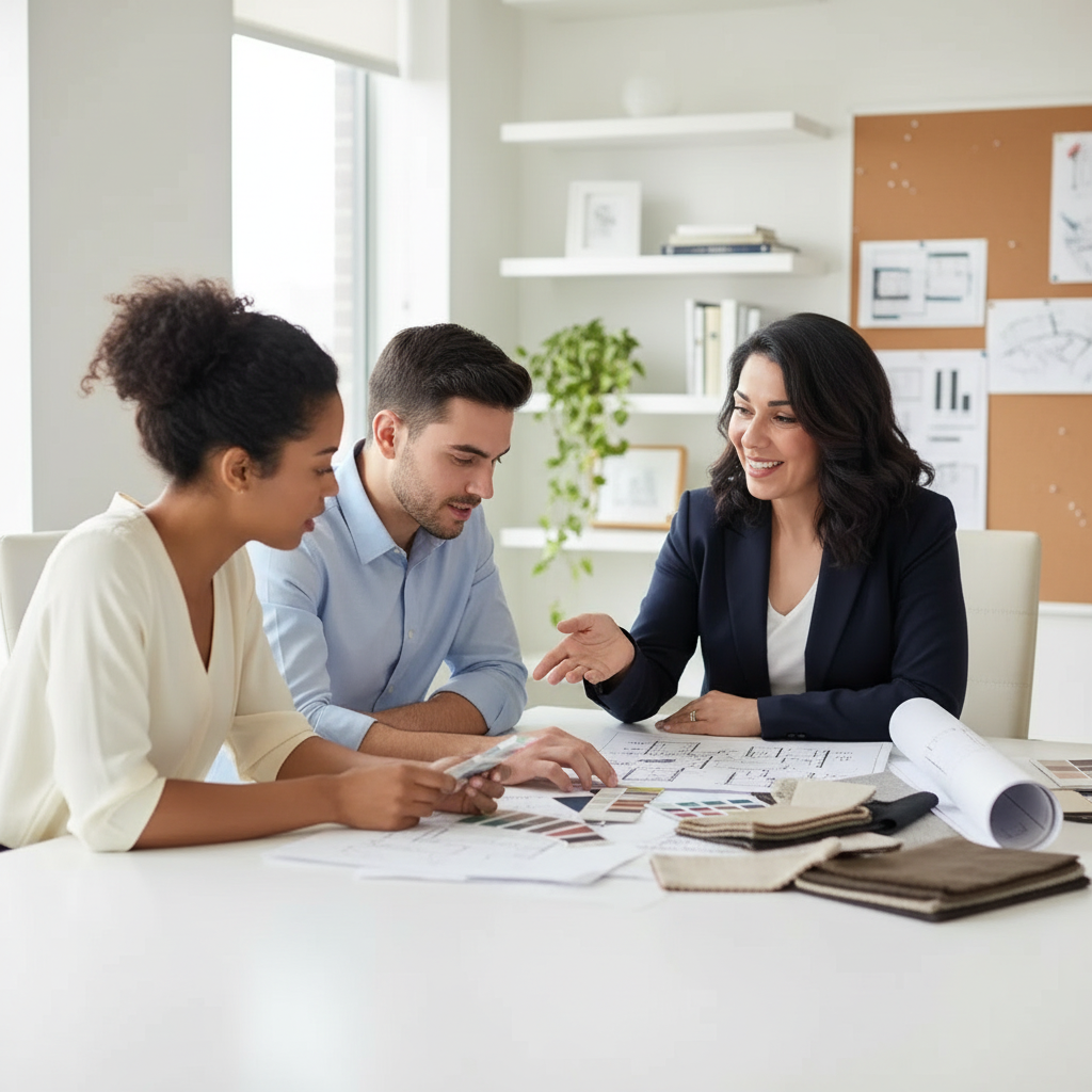 Three people, two women and a man, are having a discussion at a table with design plans, color swatches, and fabric samples, in a modern office with white walls, shelves, and a brown bulletin board.