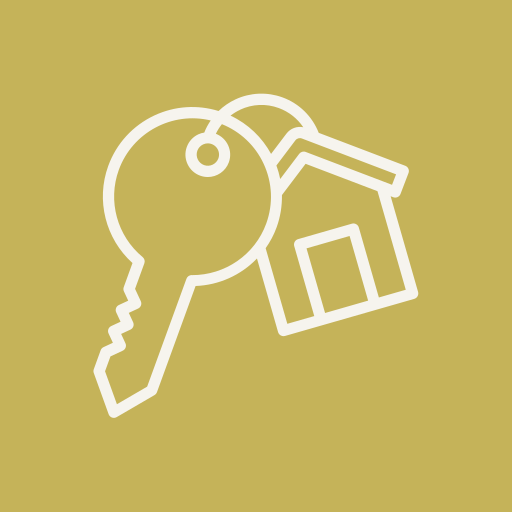 Outline illustration of a house key with a house-shaped keychain on a beige background.