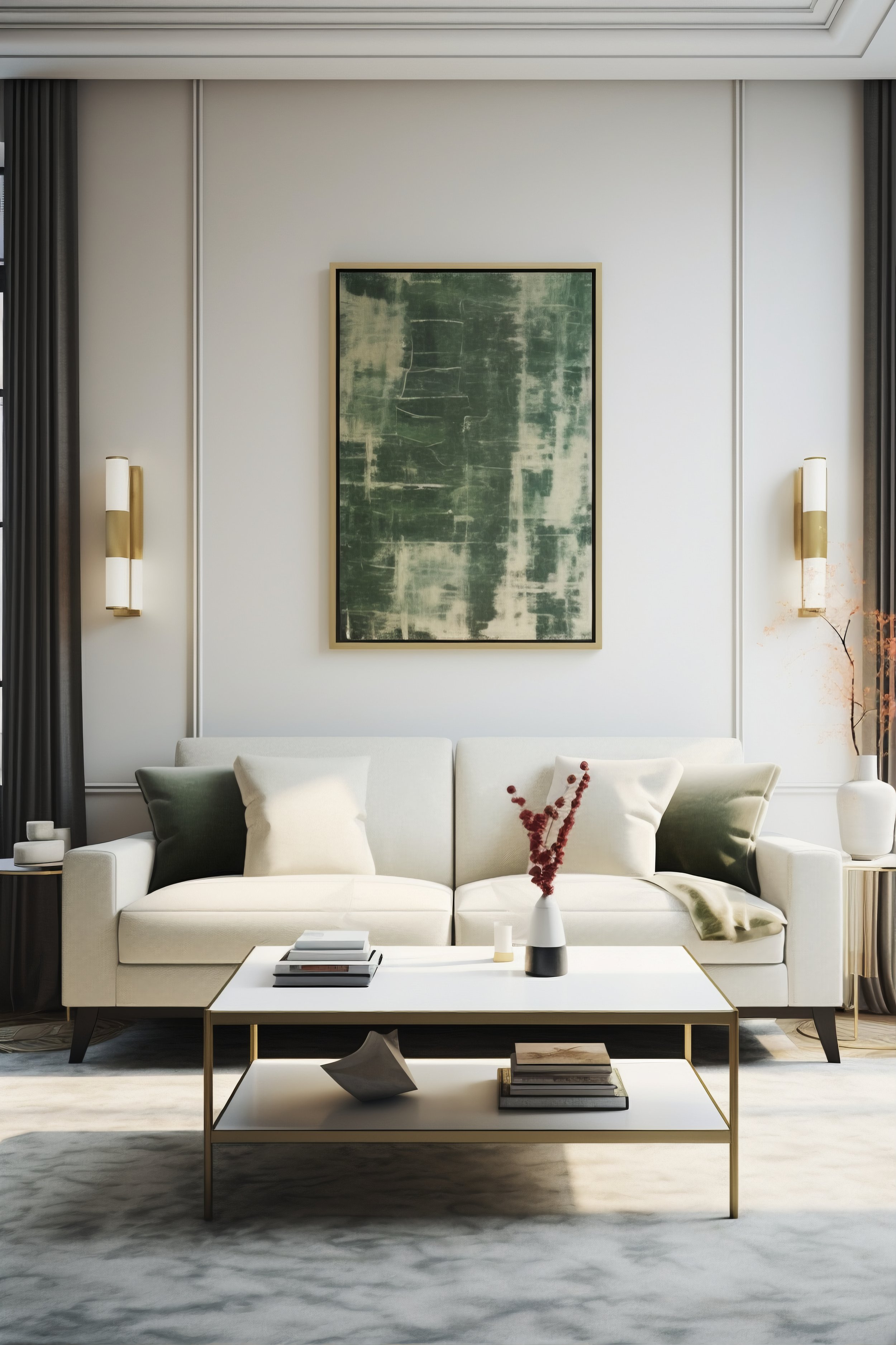Modern living room with white sofa, black and white pillows, and a glass coffee table with books and a decorative vase with red flowers. Wall art with green abstract painting, gold wall sconces, and dark curtains.