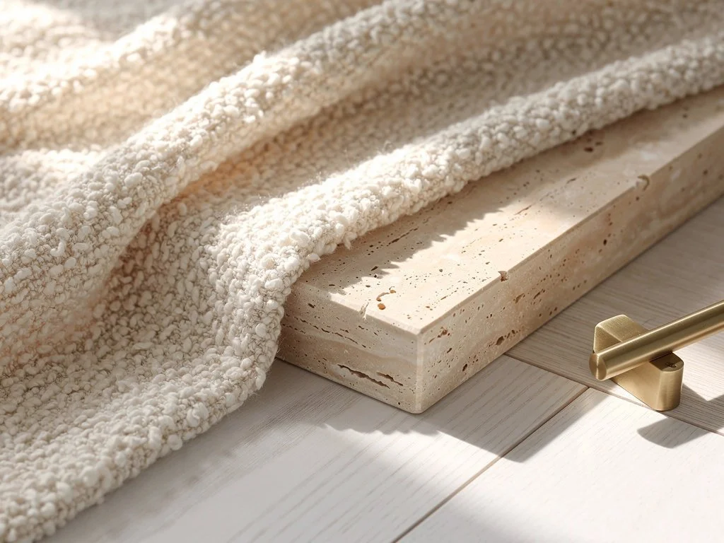 Curated interior design materials board with tiles, marble, quartz, walnut wood, and performance fabrics for durable family-friendly home design.