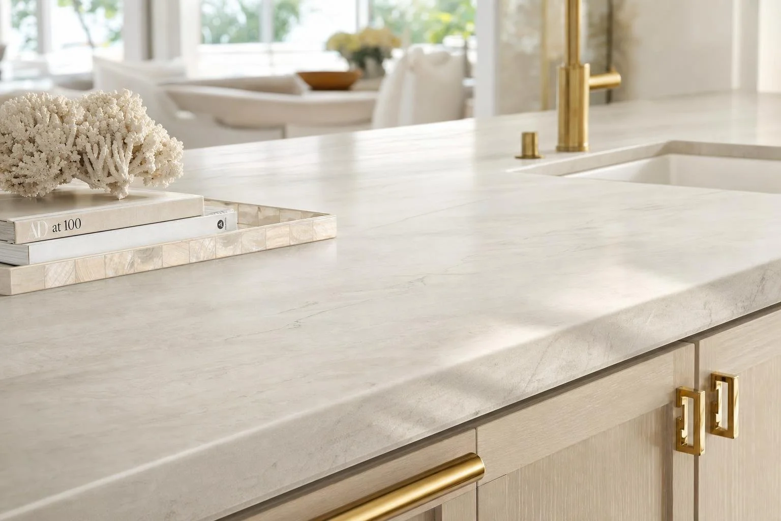 Honed quartzite countertop detail in Parkland kitchen designed by Krissy Rey Design