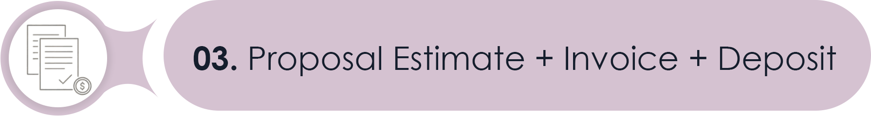 Step 3 of a process labeled 'Proposal Estimate + Invoice + Deposit', with an icon of documents and a coin