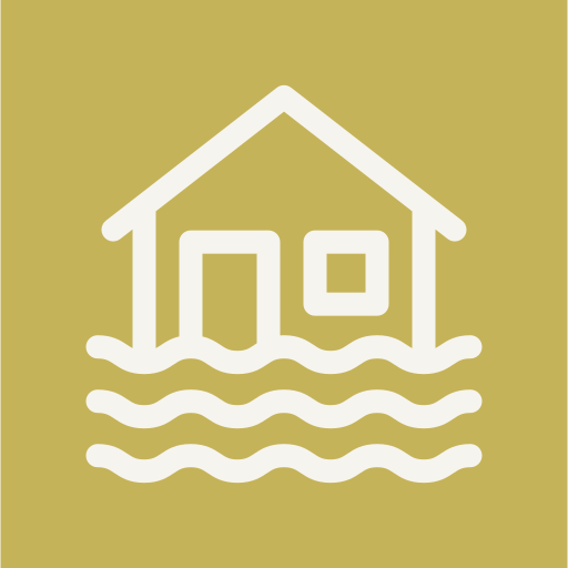 Icon of a house with water waves below, indicating flooding or flood risk.