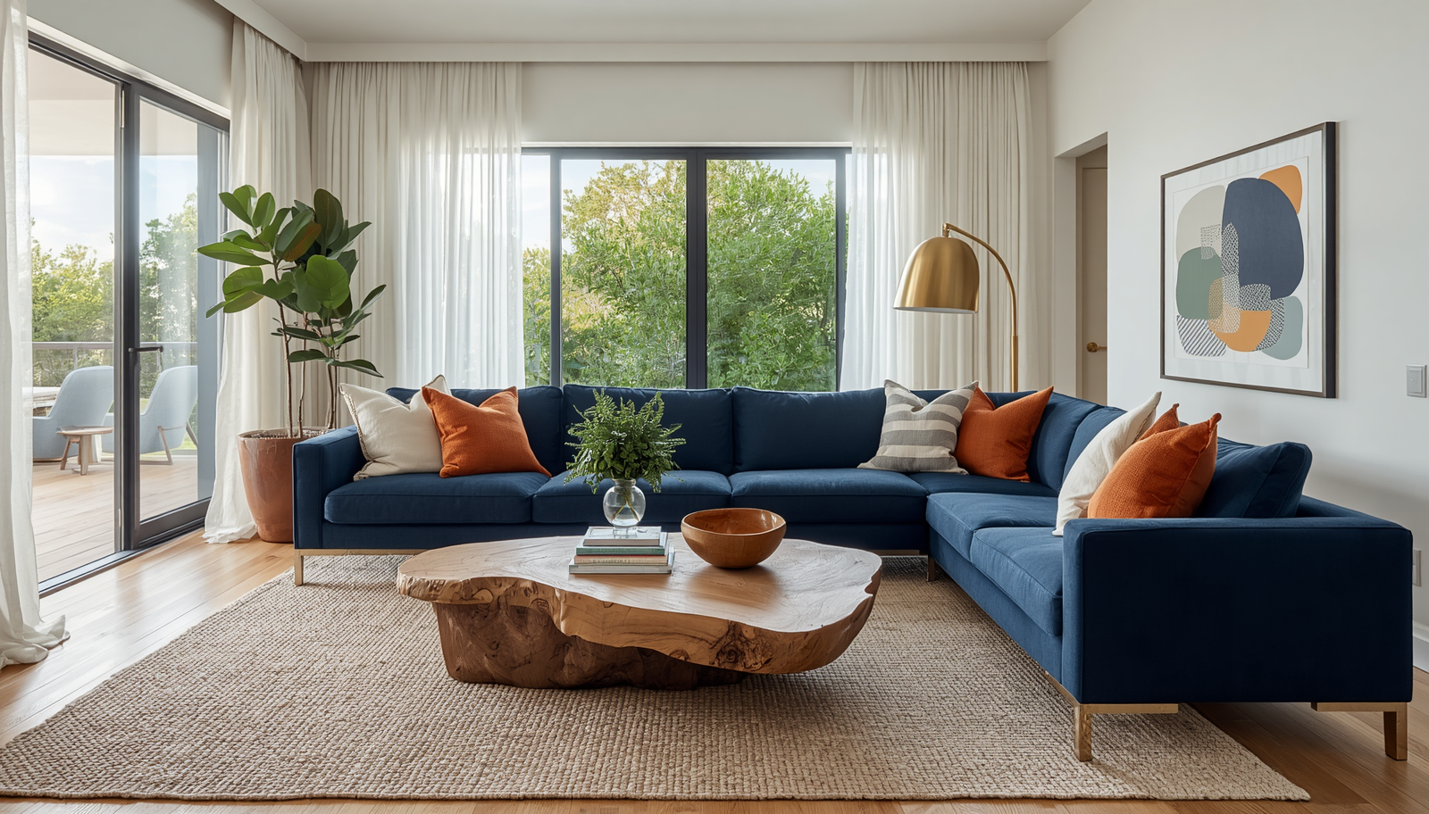 Navy sectional living room by Coral Springs interior designer with orange accents, natural wood coffee table, and brass lighting—exquisite but not precious design for busy professionals