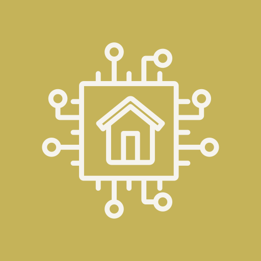 Icon of a house inside a circuit board, representing smart home technology.