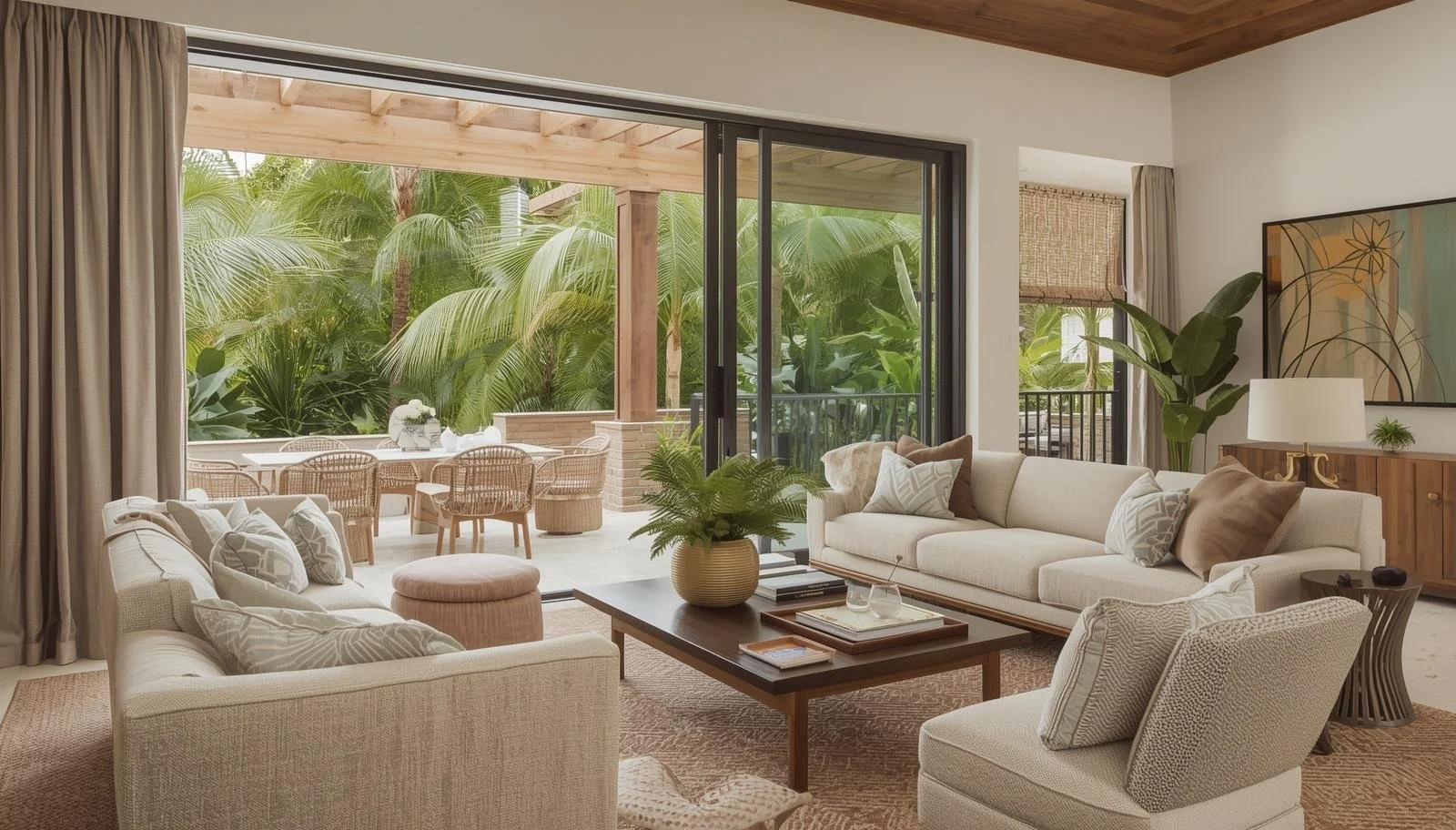 Living room with beige sofas, a wooden coffee table with a potted plant, view of a patio with outdoor dining table and chairs, large sliding glass doors, and tropical greenery outside.