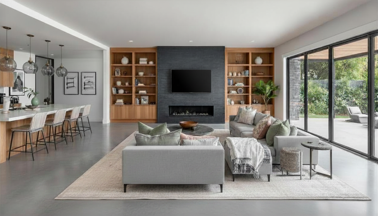 Modern open-concept living room designed by Parkland interior designer, featuring light gray sofa, wooden shelving, fireplace, and floor-to-ceiling windows—coastal sophistication for South Florida families