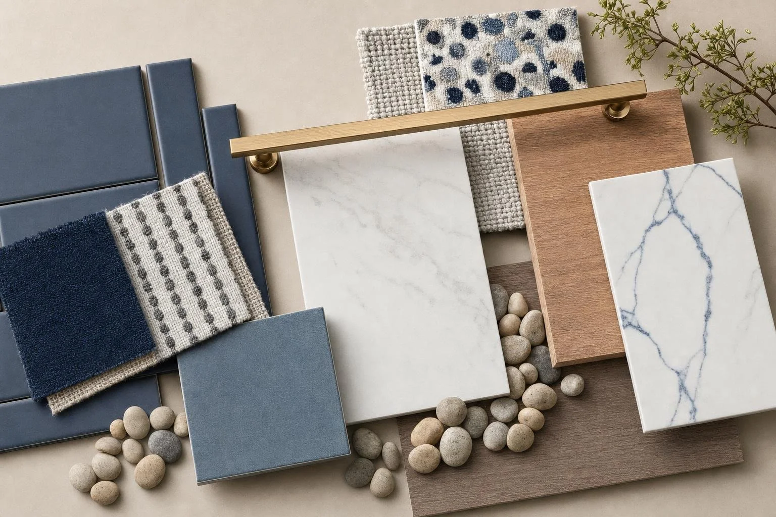 Curated interior design materials board with tiles, marble, quartz, walnut wood, and performance fabrics for durable family-friendly home design.
