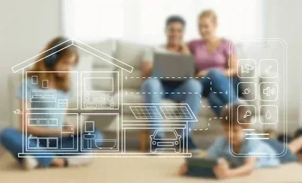 Family relaxing together in a cozy living room while using personal devices, with a smart home digital interface overlay illustrating connected home technology — including room controls, solar panels, garage, and smart device icons for modern family