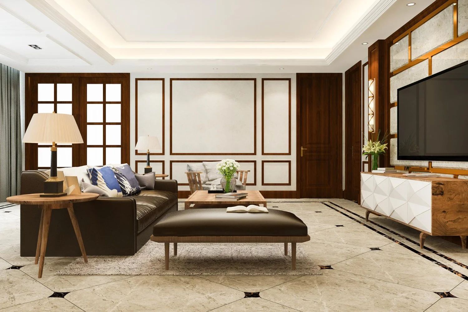 Modern living room with black leather sofa, wooden side tables, white walls with wooden framing, marble floor, large flat-screen TV, white cabinet, and decorative plants.