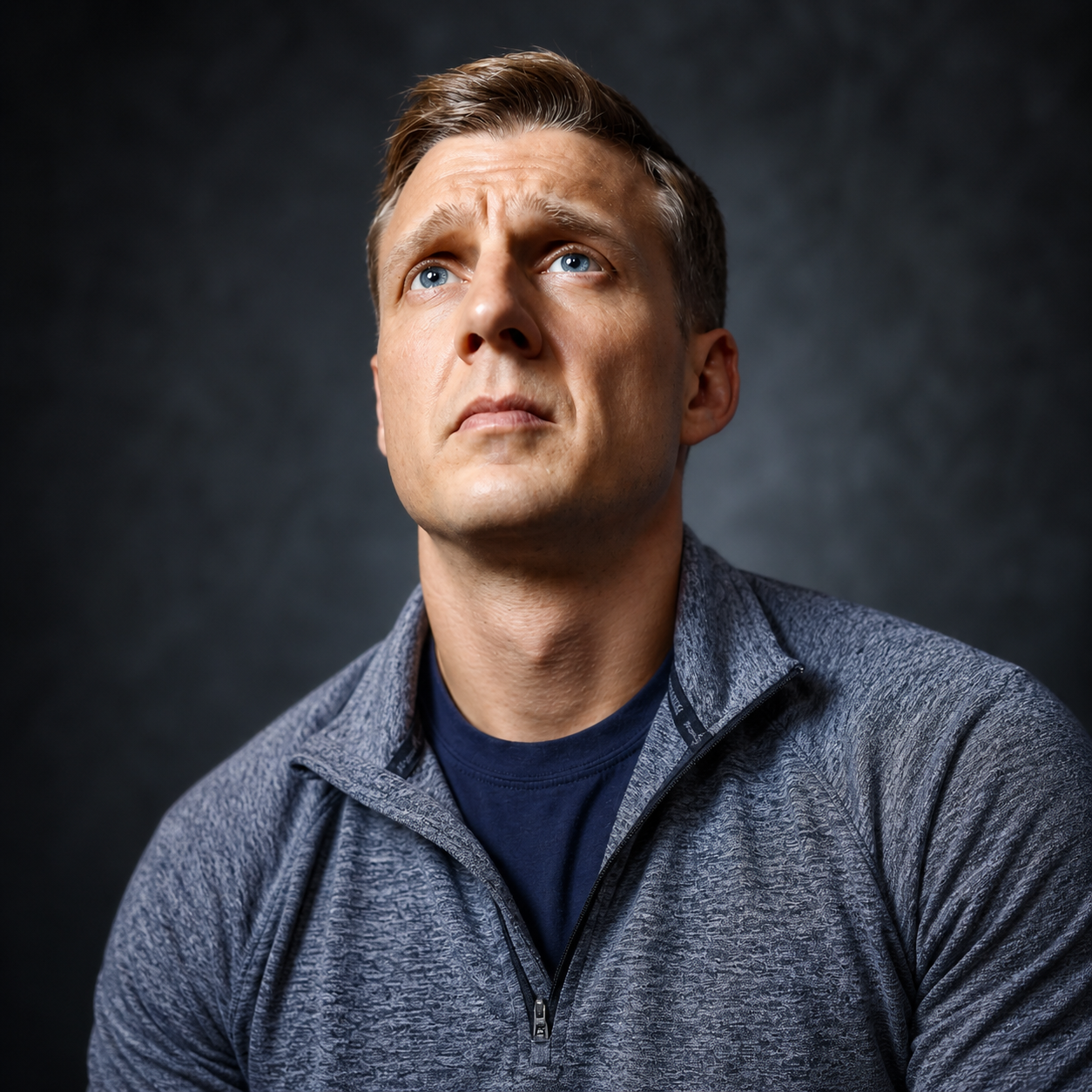 A man with short brown hair and blue eyes, looking thoughtfully upwards, wearing a blue zip-up athletic jacket and a navy shirt, against a dark, textured background.