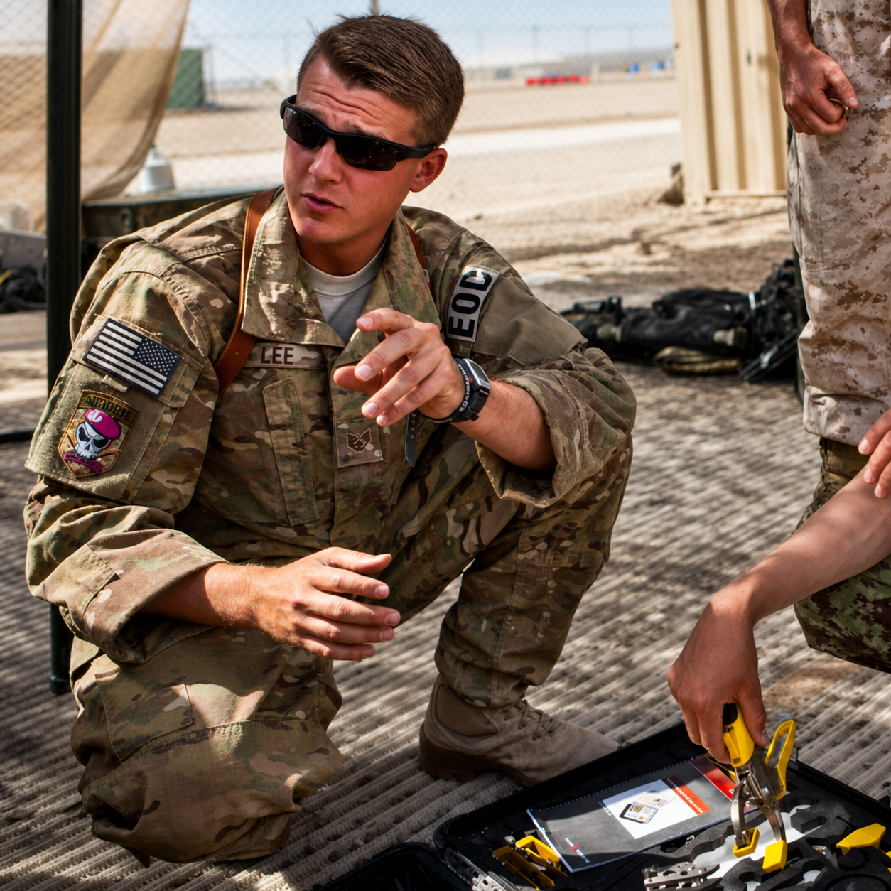 A soldier in camouflage uniform squatting on the ground, wearing sunglasses, and gesturing with his hand, with a case of tools and another soldier on the right holding a tool, outdoors on a military base.