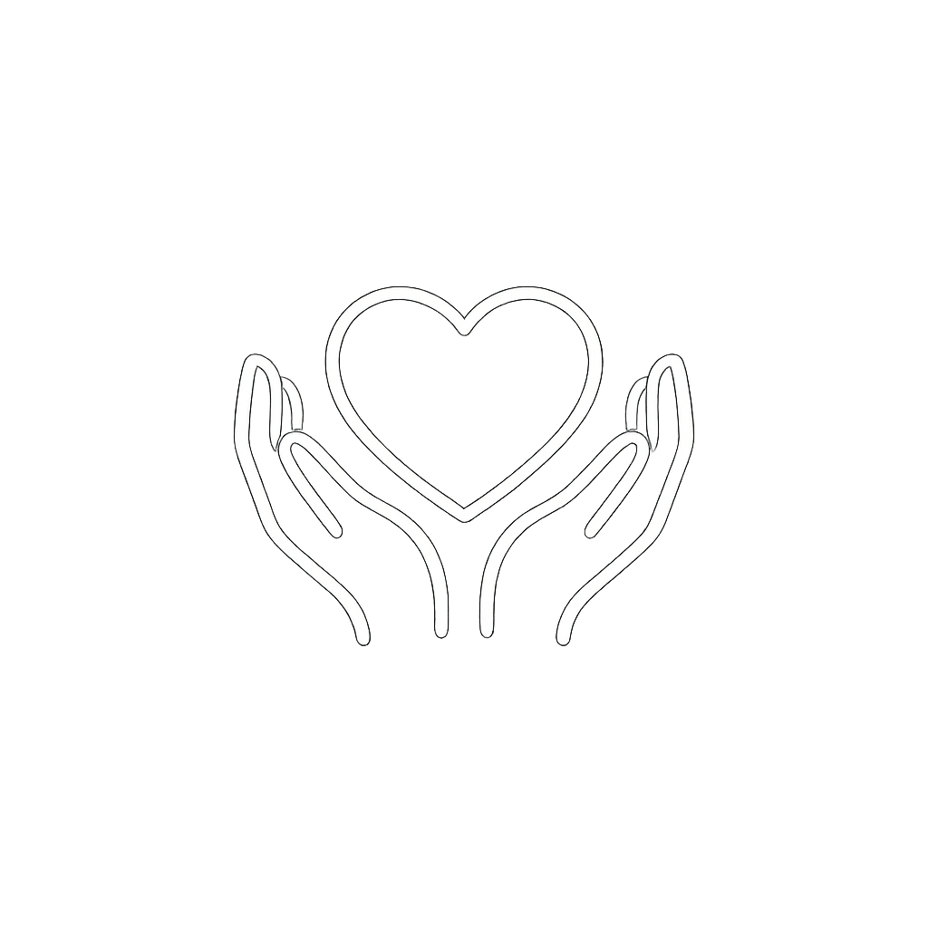 Line drawing of two hands holding a heart