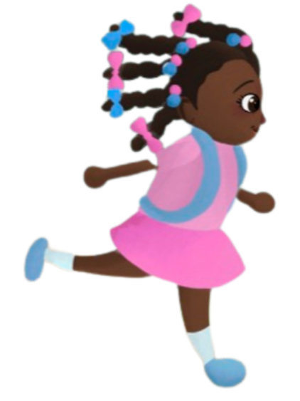 Illustration of a girl with braided hair decorated with pink and blue beads, wearing a pink skirt, blue vest, and white socks, running with one leg extended back.