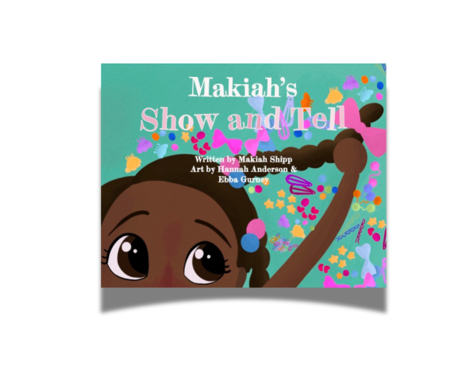 Cover of a children's book titled 'Makah's Show and Tell' with a cartoon girl raising her hand, surrounded by colorful party decorations and illustrations.