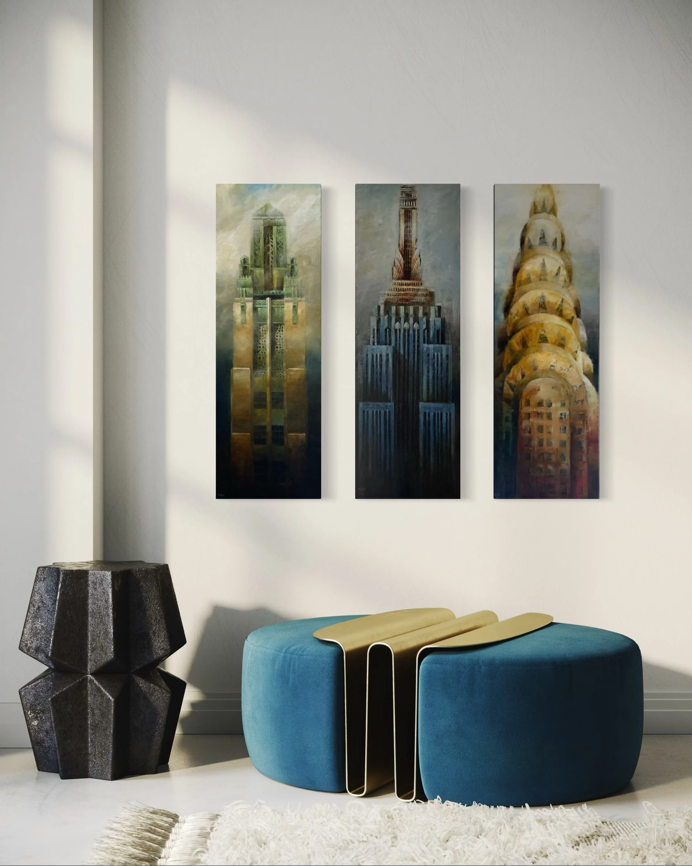 Contemporary Vertical paintings of iconic architectural structures, oil on canvas by artist Michael A Hidalgo. Embody ambition, structure, energy, skylines, elegance, sophistication, architectural landmarks, a sense of movement. Find at MAHStudio.net