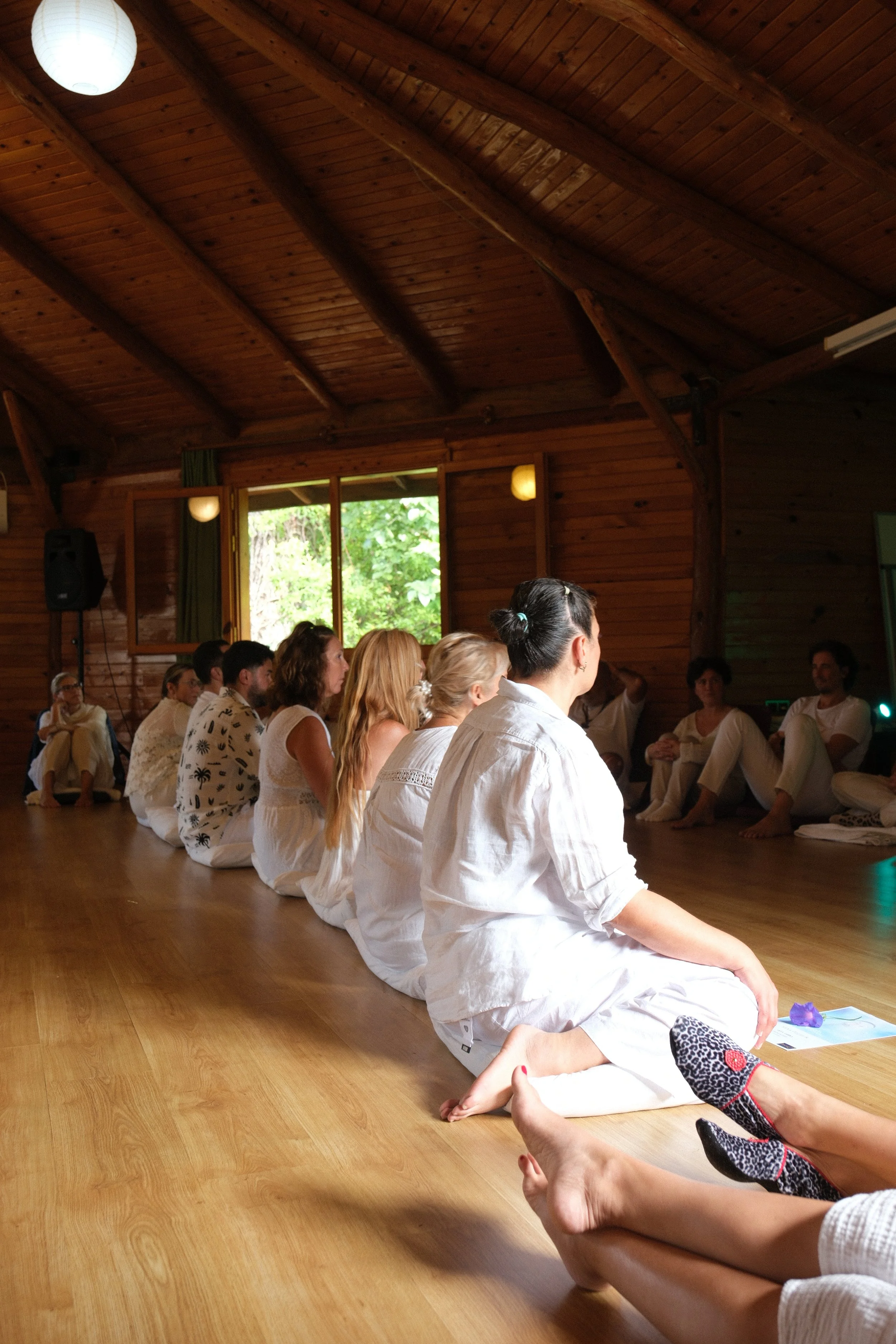 People sitting in a circle indoors, participating in a meditation or yoga session, with wooden walls, a window showing greenery outside, and some wearing white clothing. Osho celebration, evening meeting, diamond breath school.