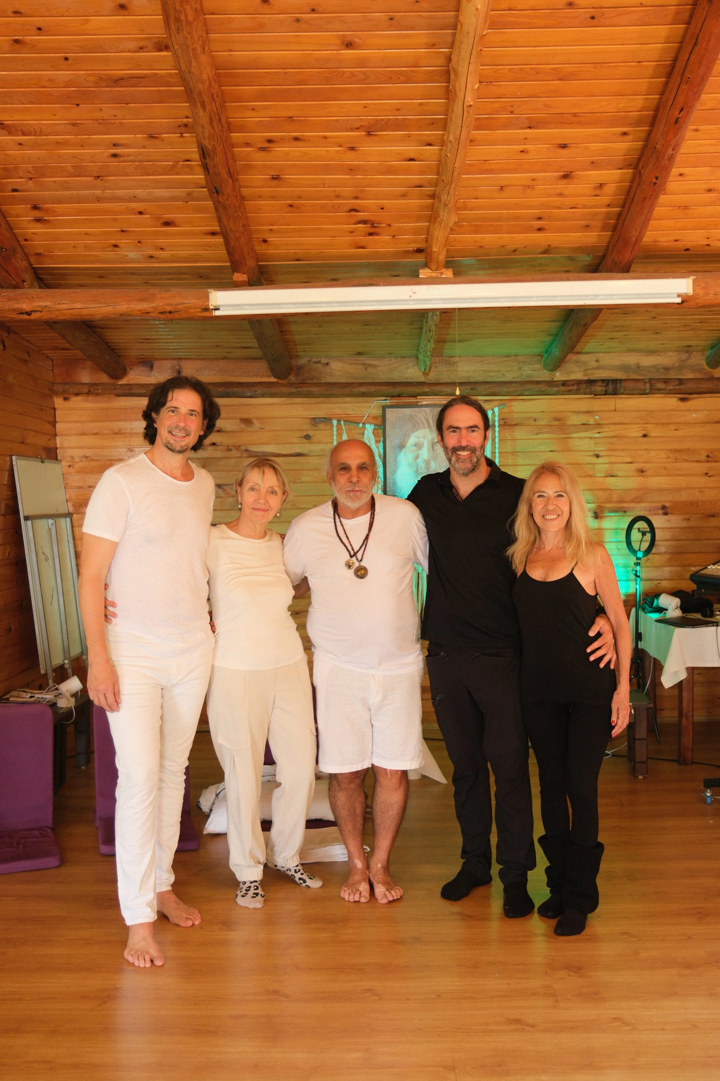 Osho celebration, evening meeting, diamond breath school. Adhiraj, Pushan, Dwari, Shanti, Arun.