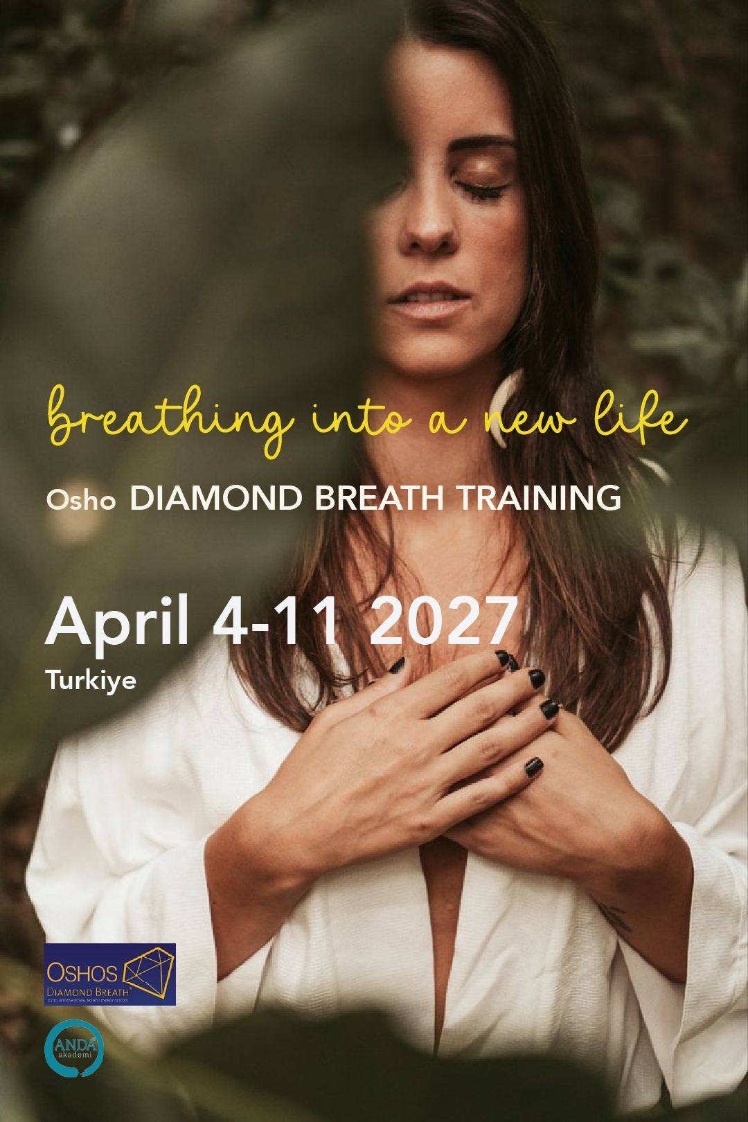 A woman with closed eyes and hands crossed over her chest, standing outdoors amidst greenery, promoting a breathing and energy training event.
