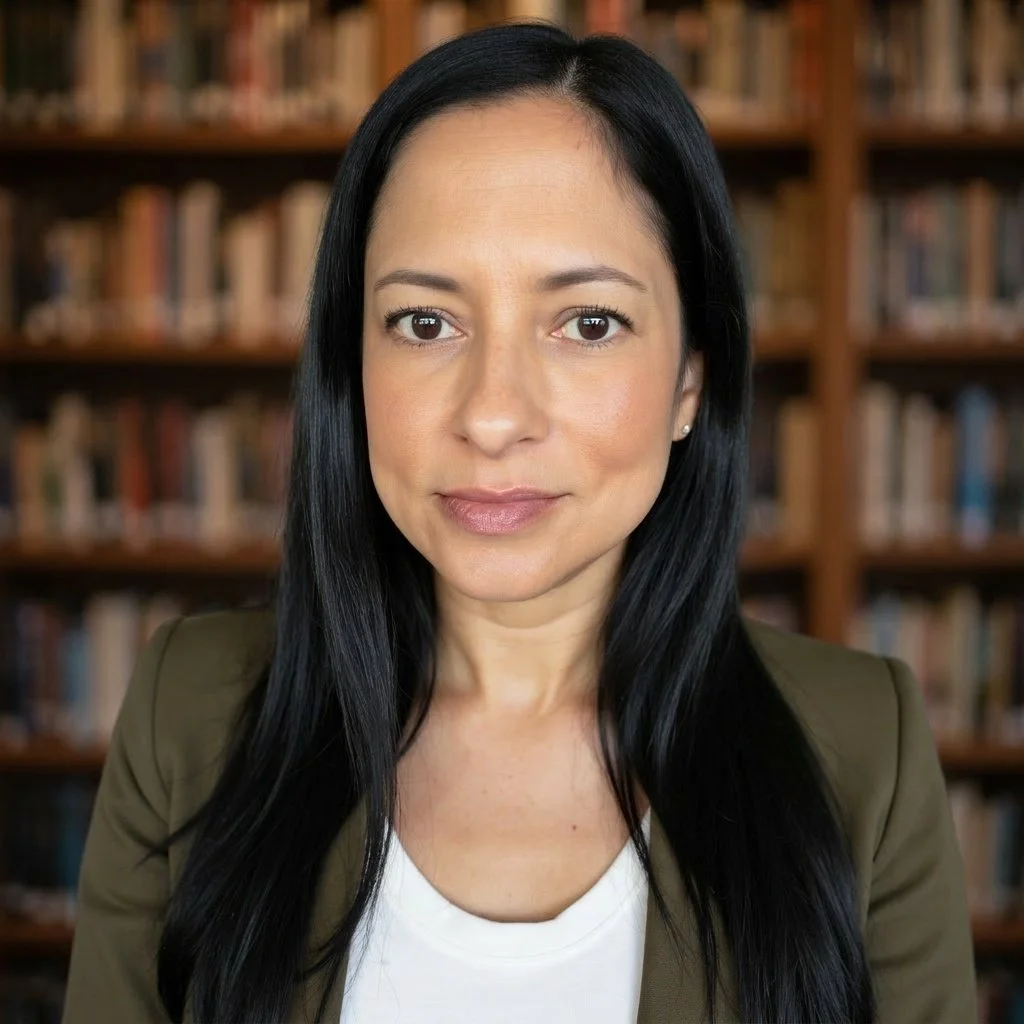 A woman with long black hair and light makeup, wearing a green blazer and a white shirt, in front of a bookshelf in a library.