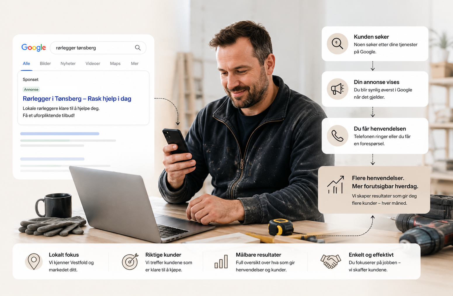 Illustrasjon som viser hvordan håndverkere kan få flere kundehenvendelser gjennom Google Ads og SEO. Prosessen går fra Google-søk til telefonhenvendelser, skjemaforespørsler og nye oppdrag.