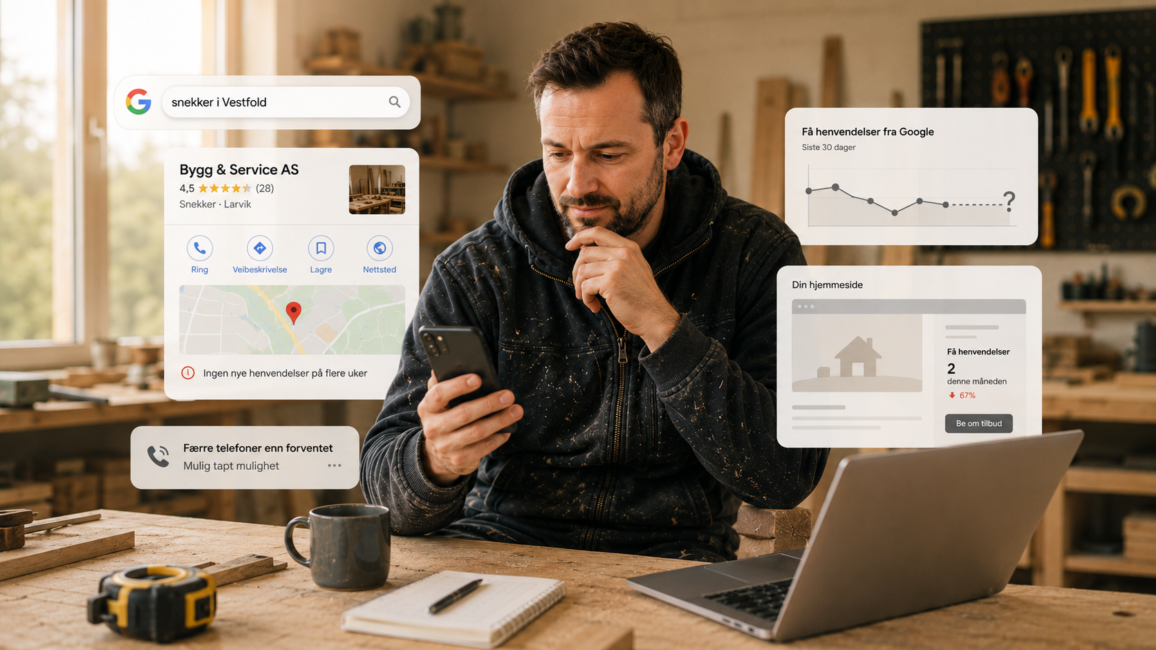KI-generert illustrasjon av en håndverker som vurderer hvorfor bedriften får få henvendelser fra Google.