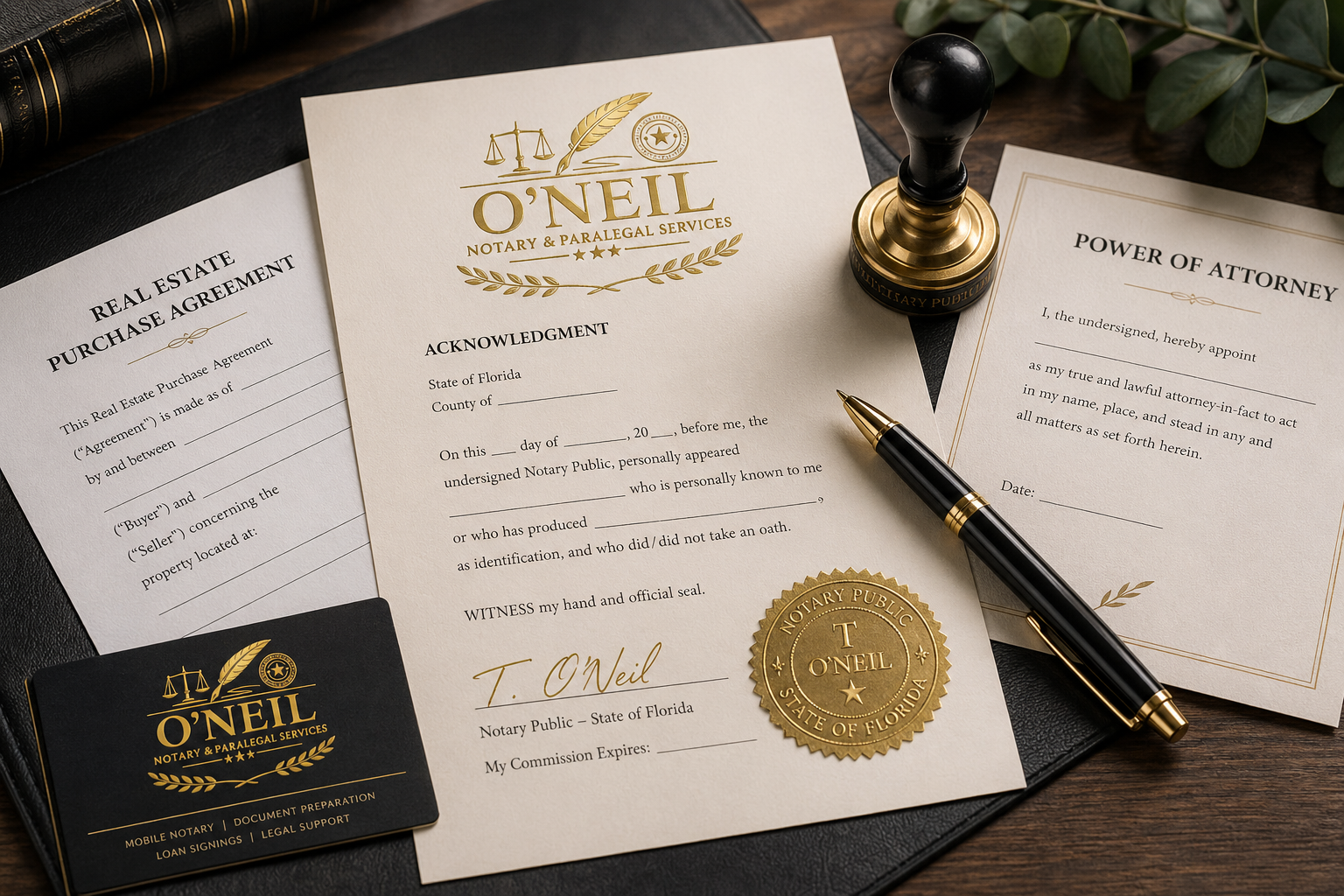 Legal documents on a wooden desk, including a notary acknowledgment, power of attorney, real estate purchase agreement, a pen, a gold seal, and a digital business card for O'Neil Notary & Paralegal Services, with some greenery in the background.