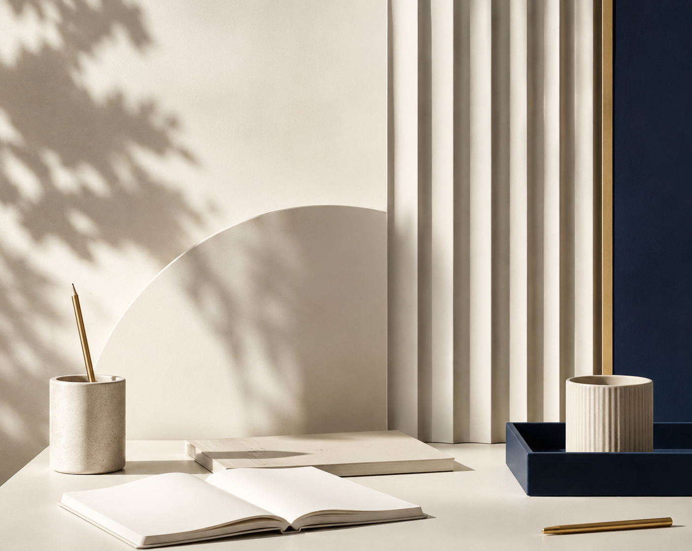 Modern workspace with neutral textures and organizational materials.