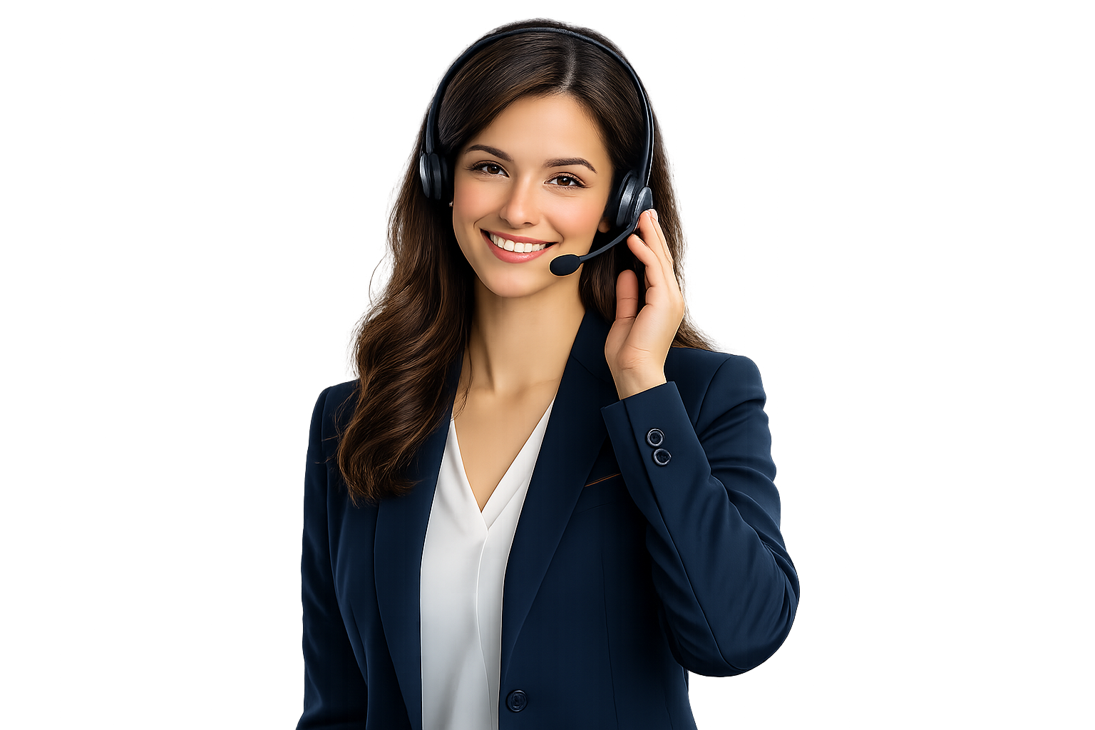 A woman wearing a navy blue blazer and white shirt smiling while adjusting her headset in a professional setting.
