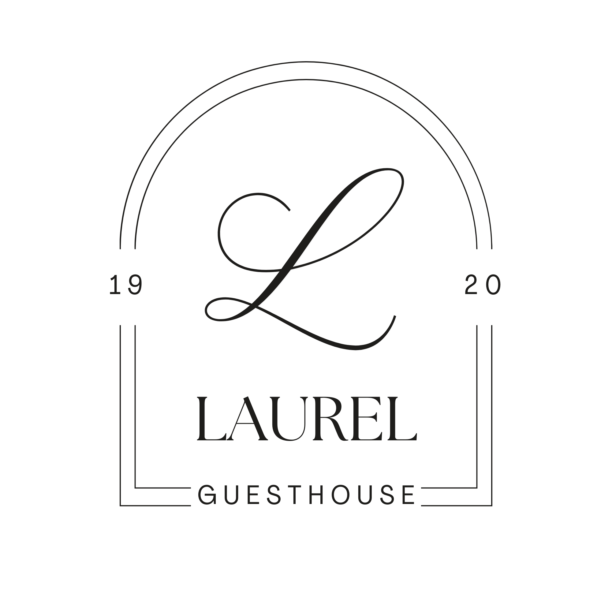 Elegant black and white logo for Laurell Guest House featuring a stylized script letter 'L' within a double circle design.
